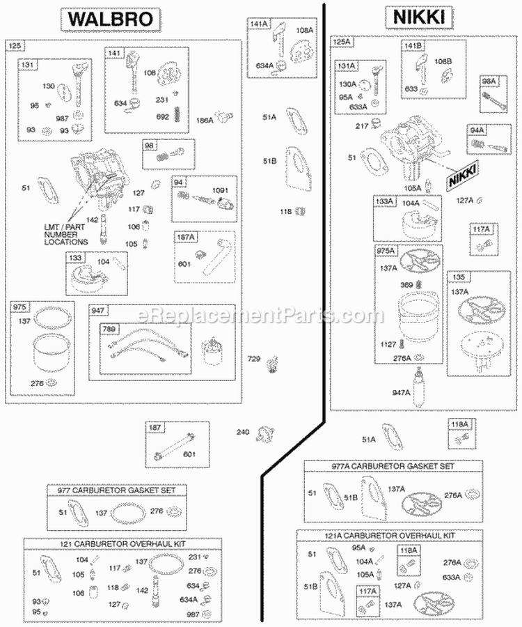 WalbroNikki Carburetors Diagram and Parts List for 28U707-1112-E1  Briggs and Stratton Engine